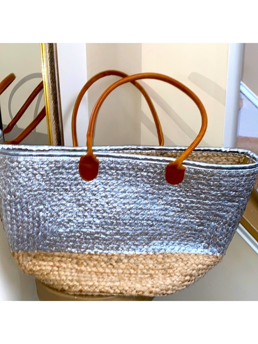 Metallic Silver & Natural Jute Tote with Tan Handles